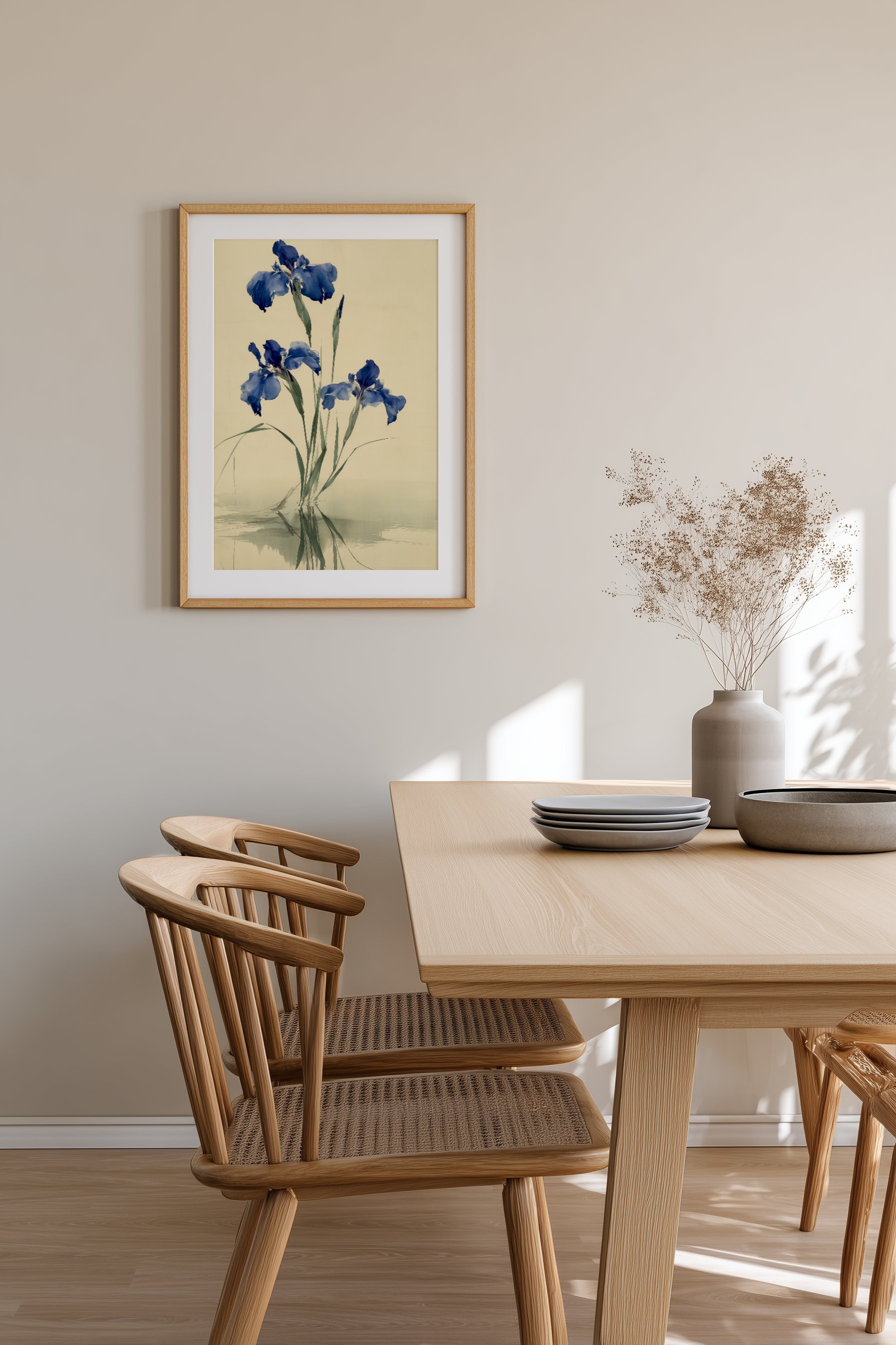 Indigo iris botanical print framed in a dining room